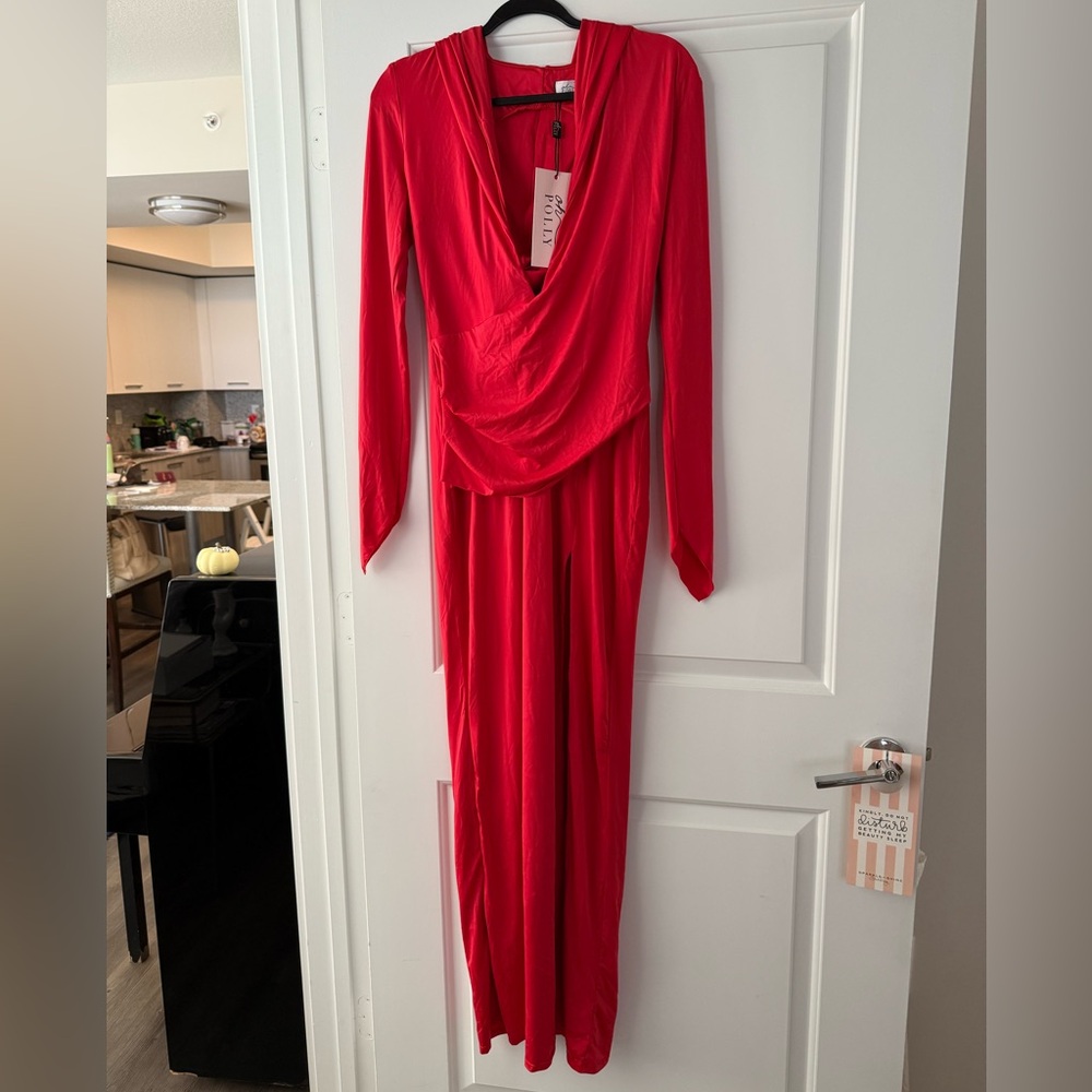 Oh Polly; red long dress with hood; never worn; size 8